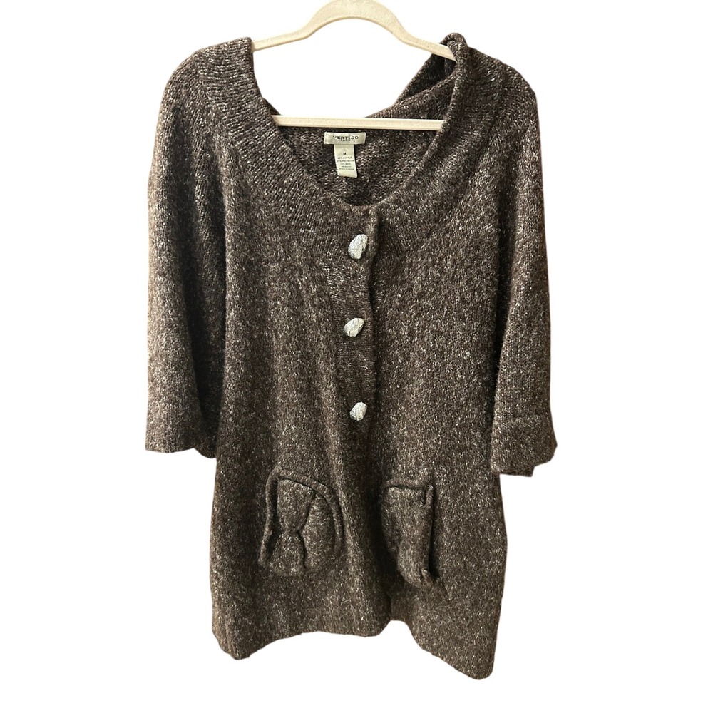 Vertigo Paris Womens Brown Marled Hooded Cardigan Sweater Bow Pockets Size M